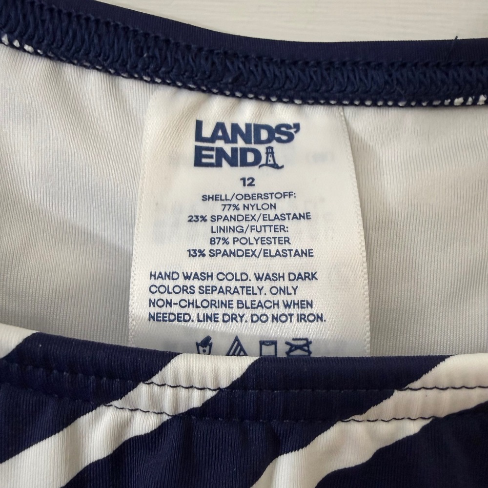 Lands End Navy Striped Swim Tankini Top Sz 12 High Neck Nautical Modest Classic - Picture 2 of 3